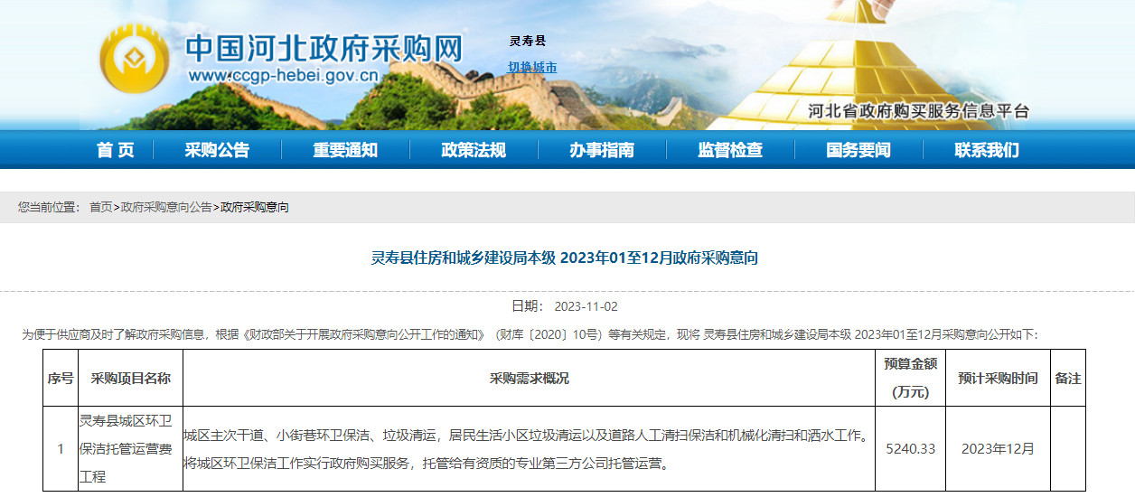 河北灵寿县城区环卫保洁托管运营费工程计划于12月采购！必一体育(图1)